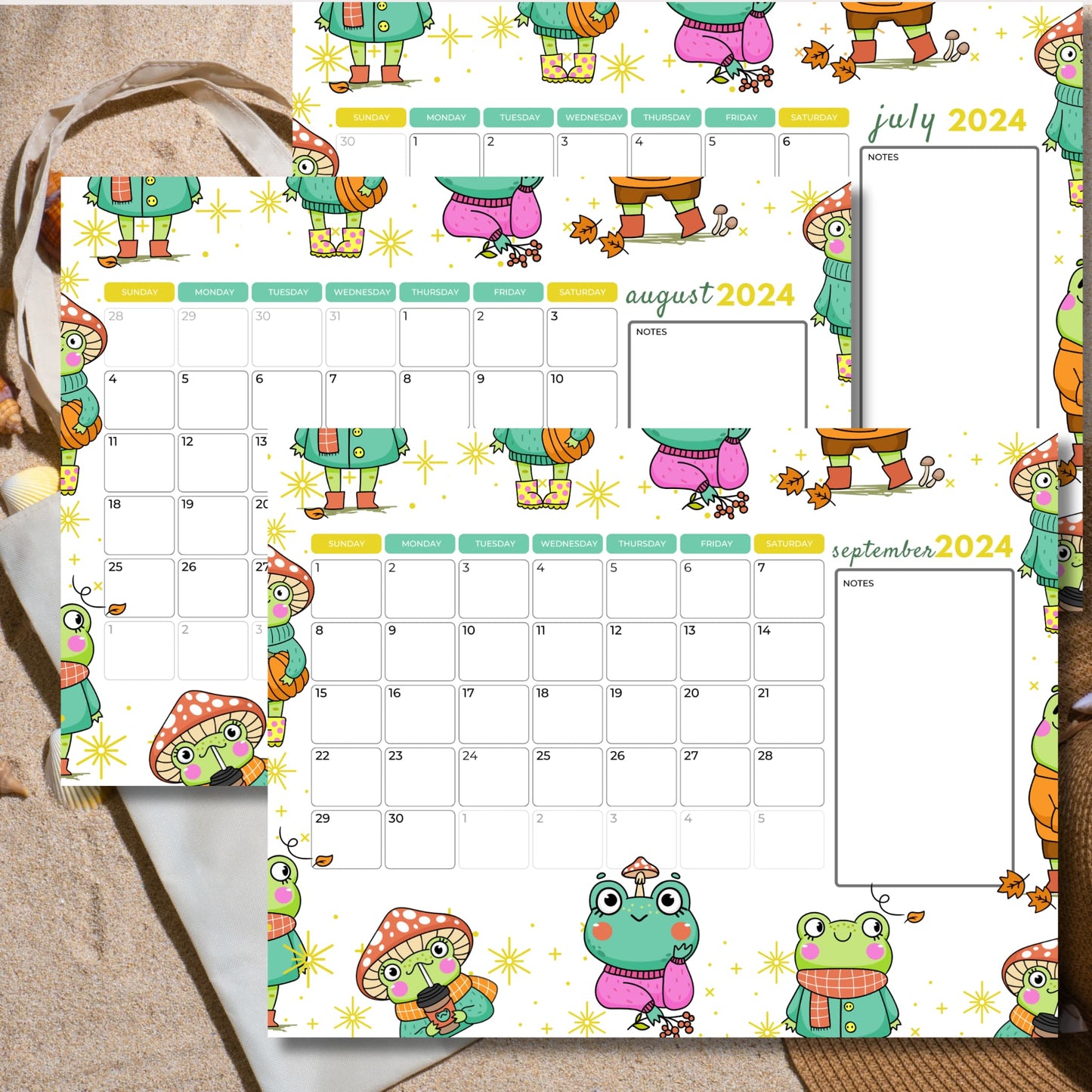 Printable calendar sheets of July August & September 2024 placed a sand and hat