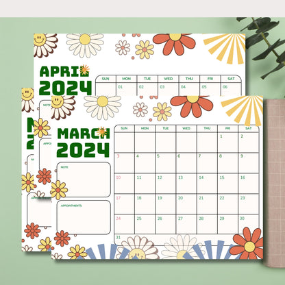 2024 spring calendar templates for March, April, and May on a green background with a decorative leaf, blending nature with planning.