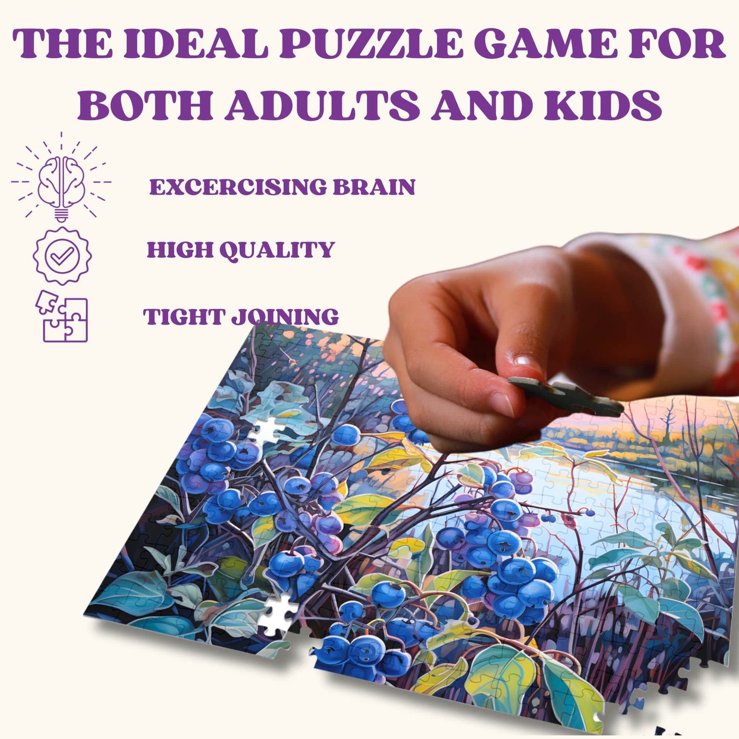 Hand placing pieces of the 1000-piece Impressionist Blueberry Bush puzzle, with puzzle features displayed on the left side