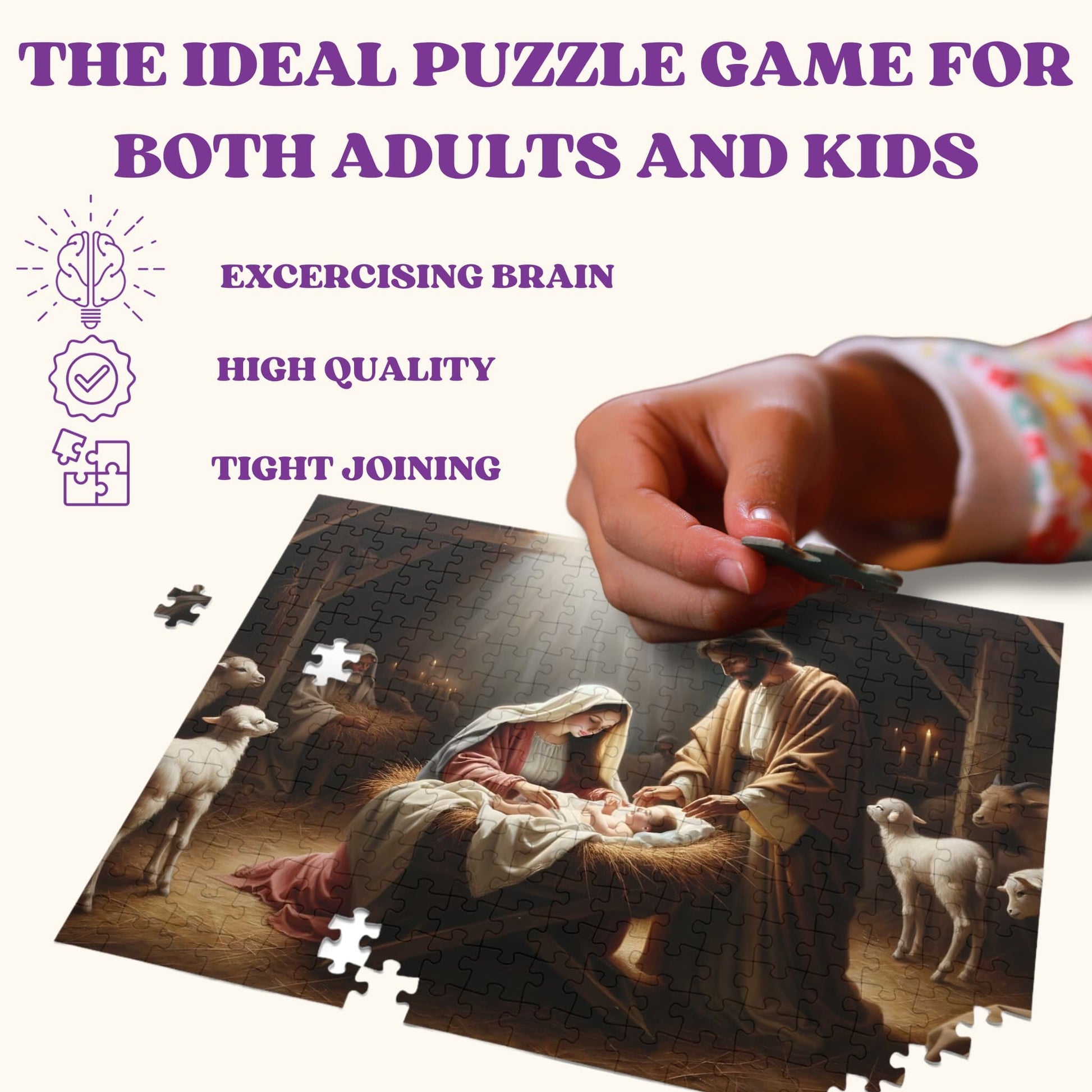 A hand placing pieces of the Jesus Jigsaw Puzzle with feature descriptions on the left side.