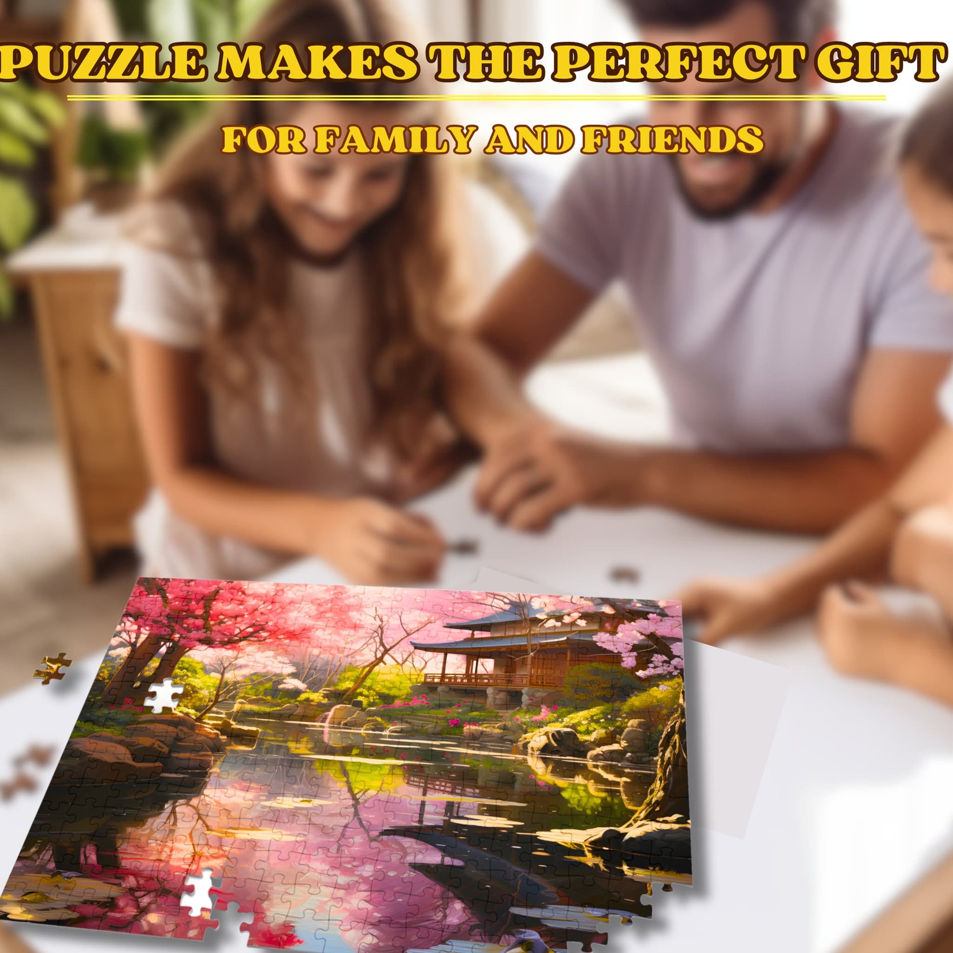 Happy family enjoying putting together the 1000-piece Tranquil Japanese Garden Photo Jigsaw Puzzle