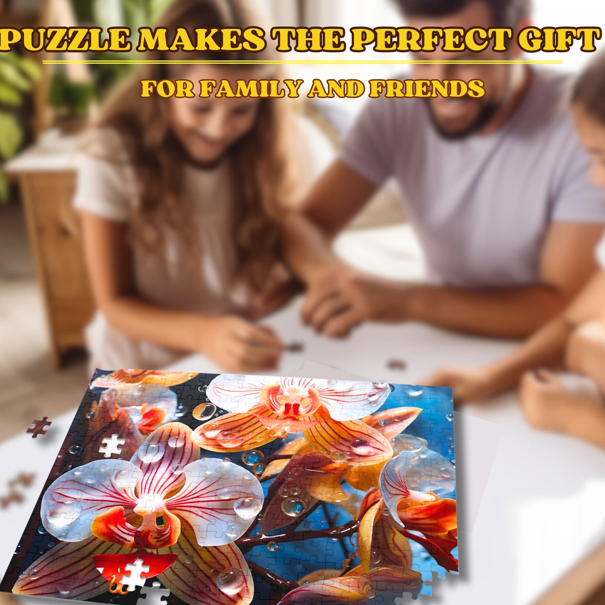 Happy family enjoying the challenge and fun of assembling the 1000-piece Exotic Pink Orchid puzzle