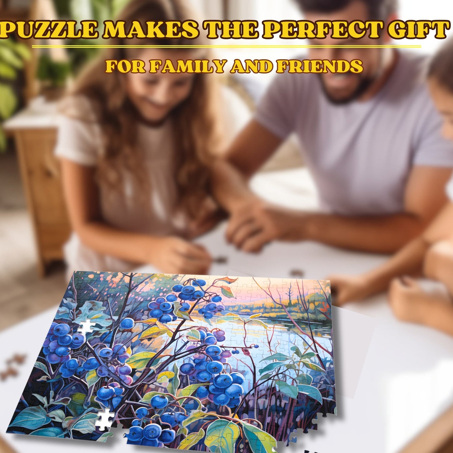 Happy family enjoying the fun and challenge of assembling the 1000-piece Impressionist Blueberry Bush puzzle