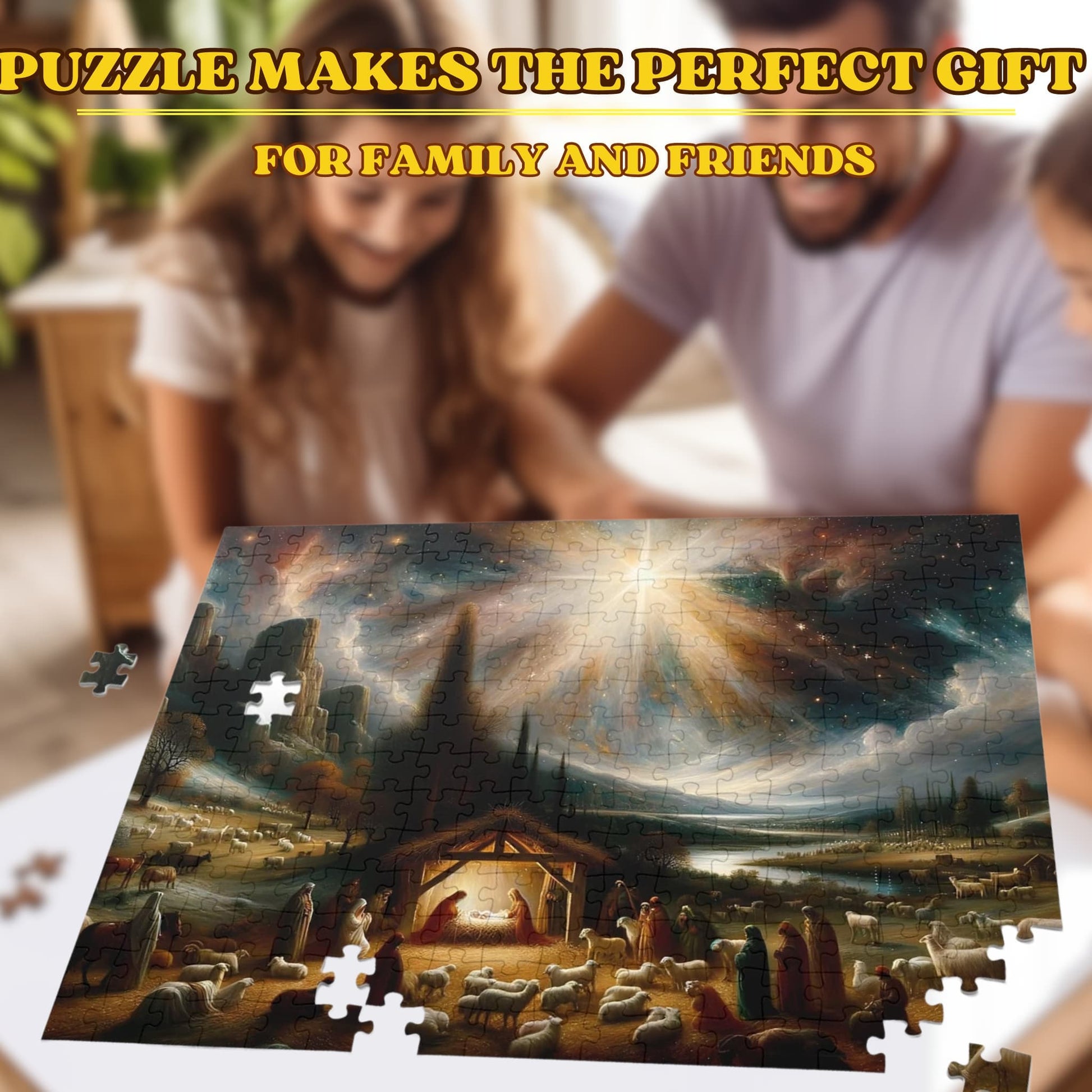Happy family enjoying assembling the Oil-Painted Nativity Scene Jigsaw Puzzle together.