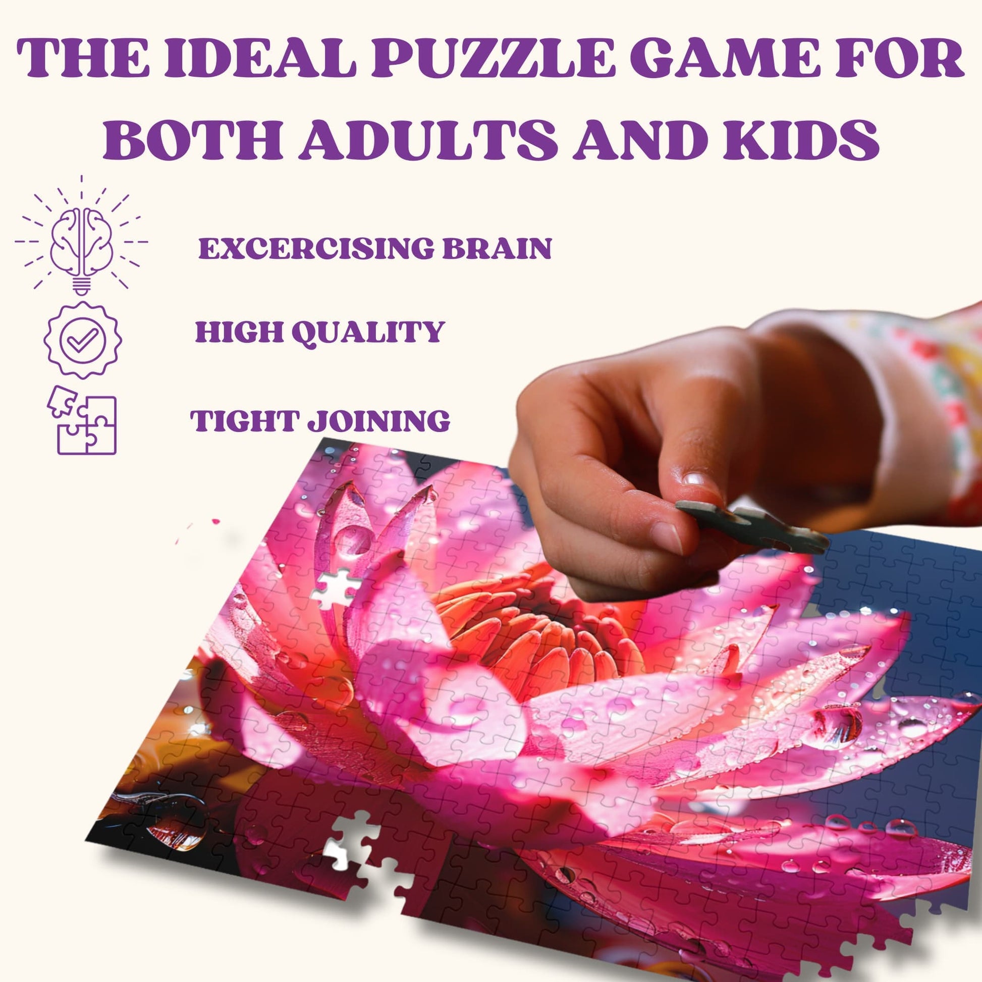 Highlighted features of the pink lotus flower puzzle, detailing its premium quality, piece thickness, and vivid printing.