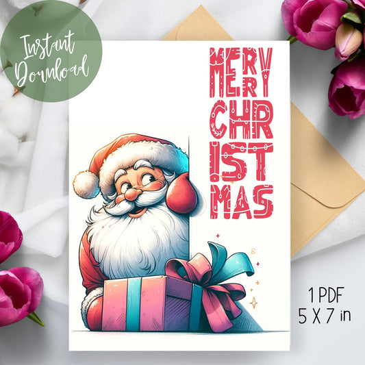 2023 Free Downloadable Christmas Card featuring a humorous Santa design, elegantly displayed on a table with an envelope and festive flowers, showcasing a 5in x 7in easy-to-edit template.