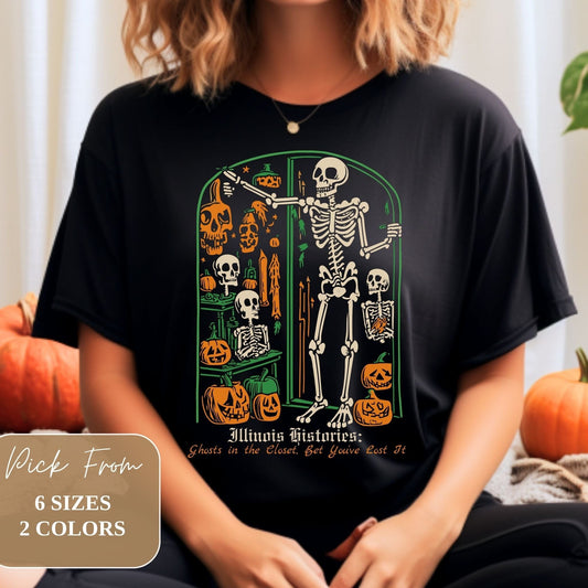 Female model wearing Illinois Vintage Creepy 2023 Skeleton Printed Black Gildan G6400 Halloween Shirt