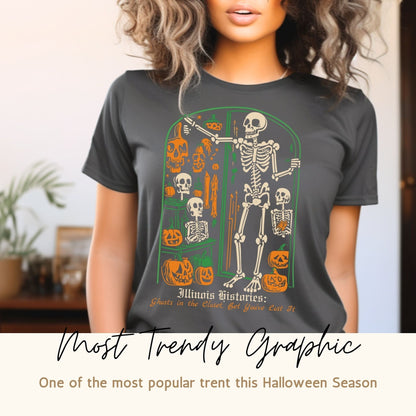 Wide lifestyle image featuring Illinois Vintage Creepy 2023 Skeleton Printed Gildan G6400 Halloween Shirts