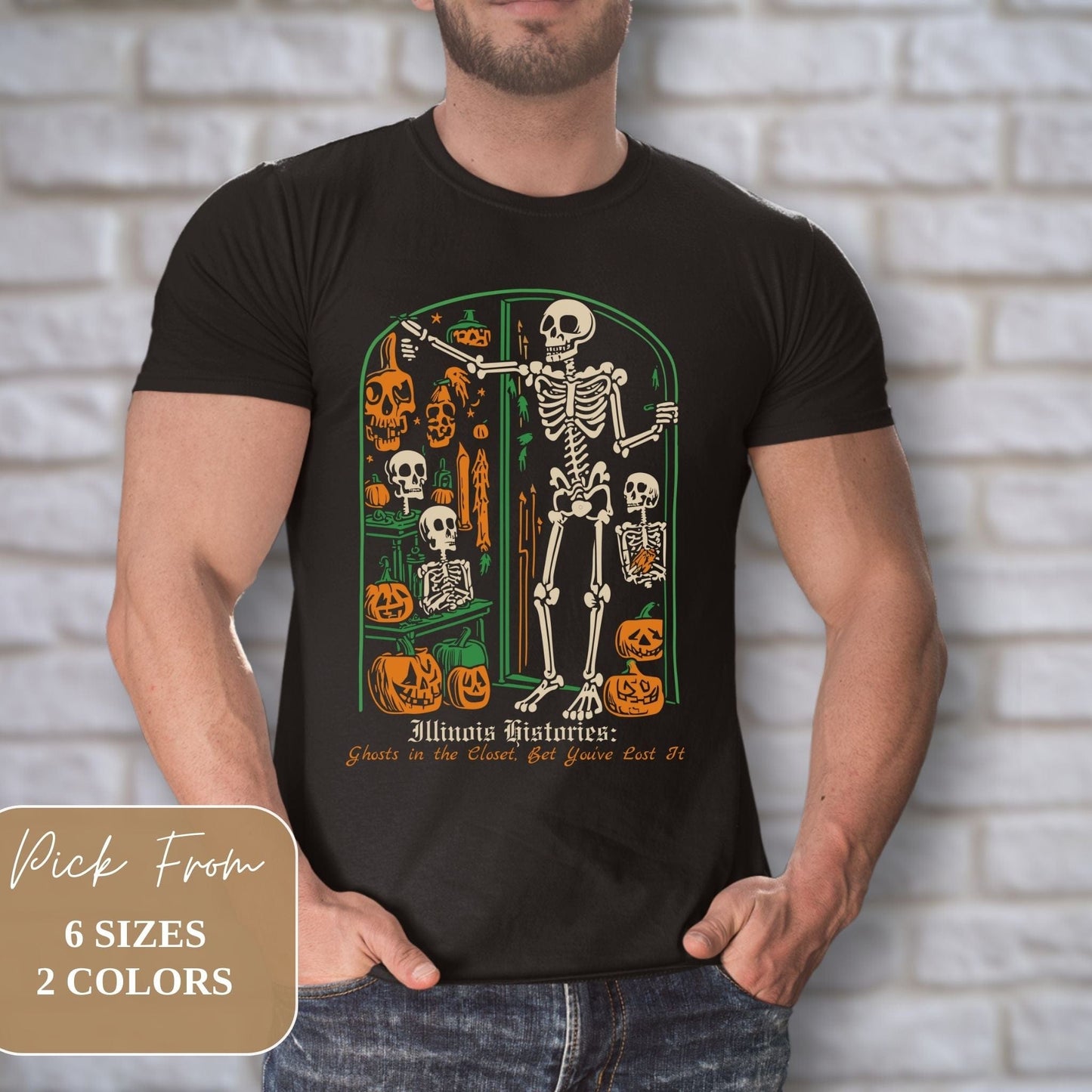 Male model showcasing Illinois Vintage Creepy 2023 Skeleton Printed Dark Grey Gildan G6400 Halloween Shirt
