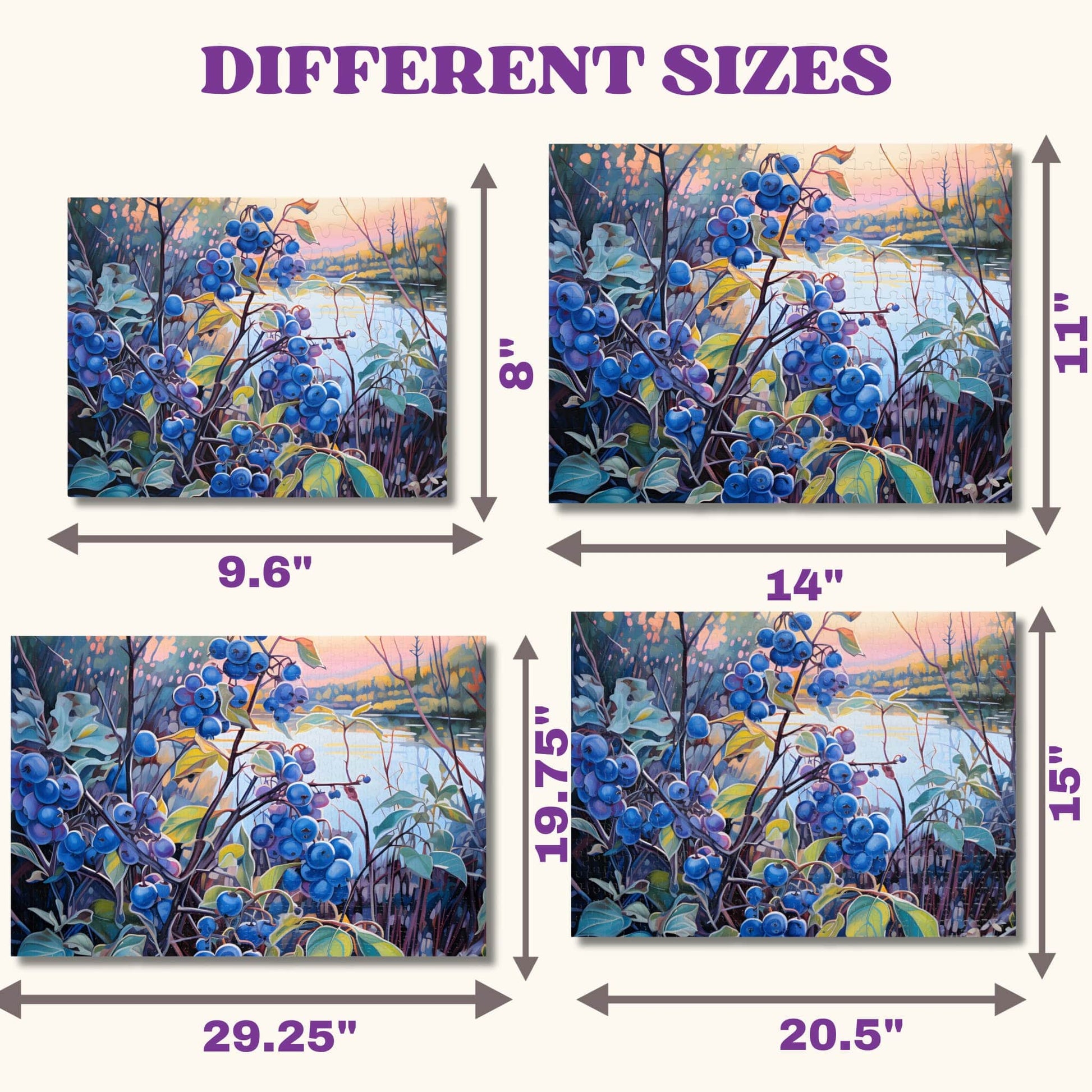 Comparison of Impressionist Blueberry Bush puzzle sizes - 110, 252, 500, and 1000 pieces - showcasing the versatile options