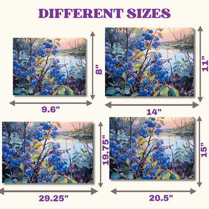Comparison of Impressionist Blueberry Bush puzzle sizes - 110, 252, 500, and 1000 pieces - showcasing the versatile options
