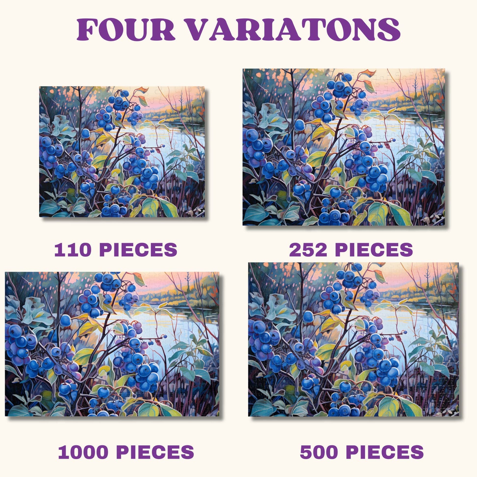 Variety of puzzle sizes including 110, 252, 500, and 1000 pieces, all featuring the Impressionist Blueberry Bush design