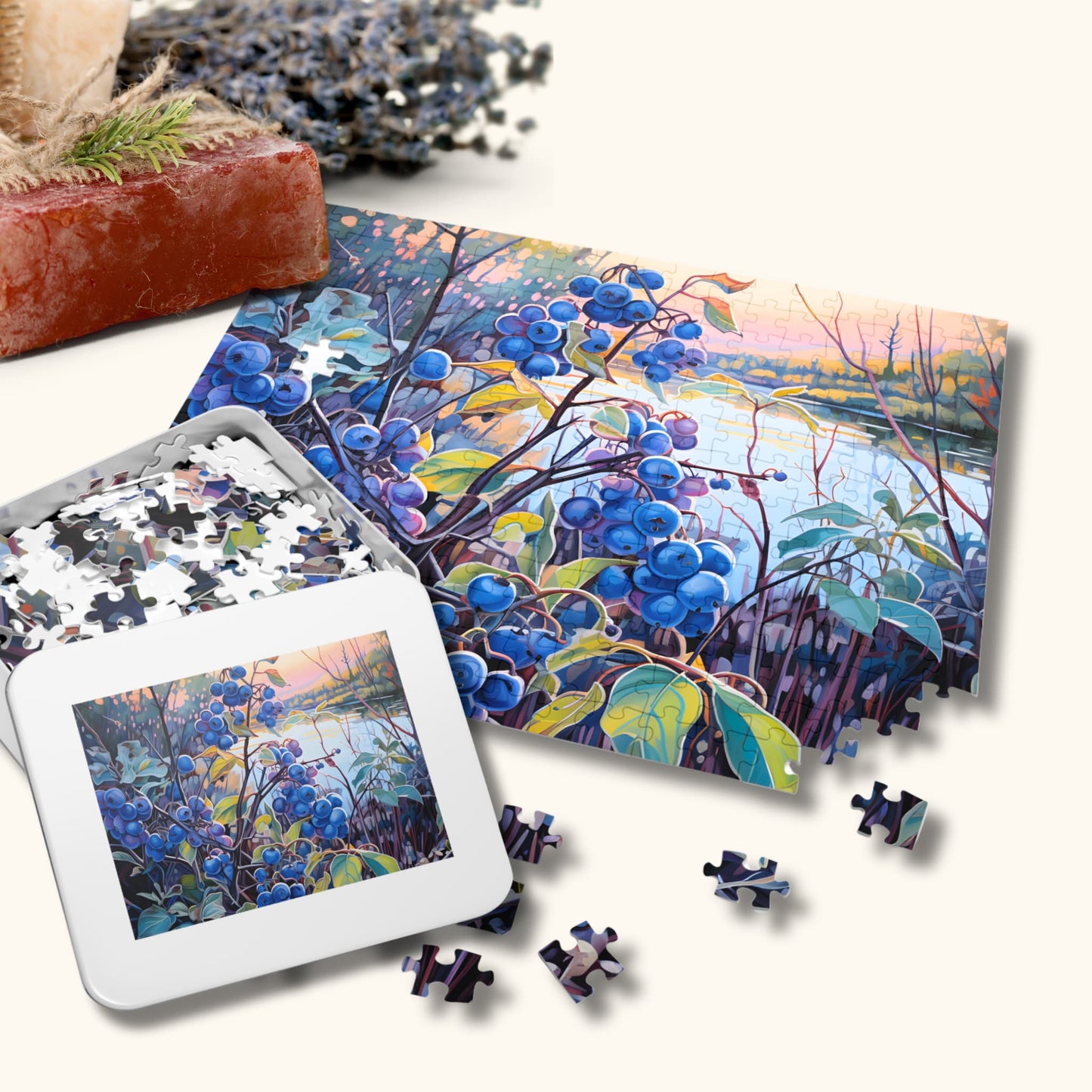 Impressionist Blueberry Bush puzzle and tin box arranged with decorative flowers