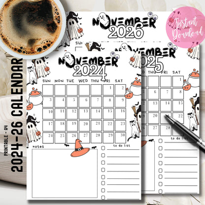 Digital download preview of November 2024-2026 ghost calendars with coffee cup styling. Shows multiple calendar layouts featuring witch ghosts, cauldrons, and Halloween decorations. Includes pink instant download badge and calendar bundle display.