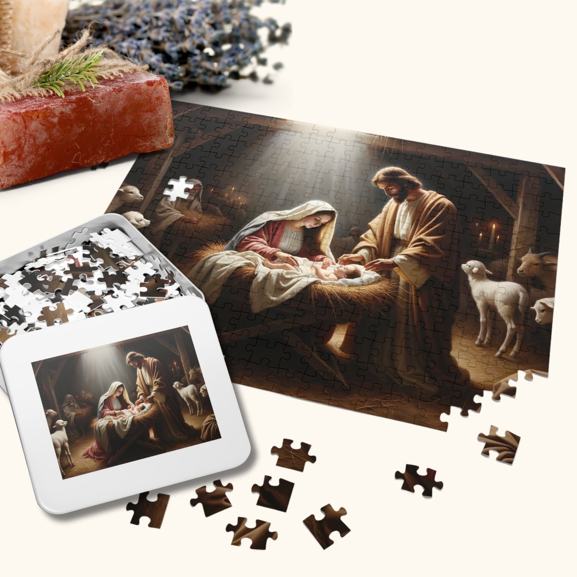 Jesus Jigsaw Puzzle and its tin box adorned with flowers, depicting the Oil-Painted Nativity Scene.