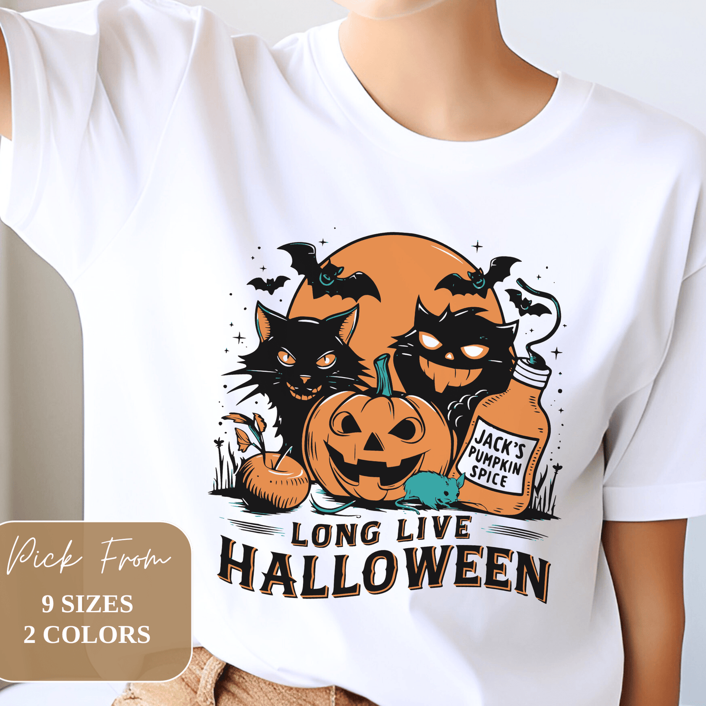 Long Live Halloween Print Round Neck Tee Shirt for Women/Men S-3XL - White/Sand #G6400