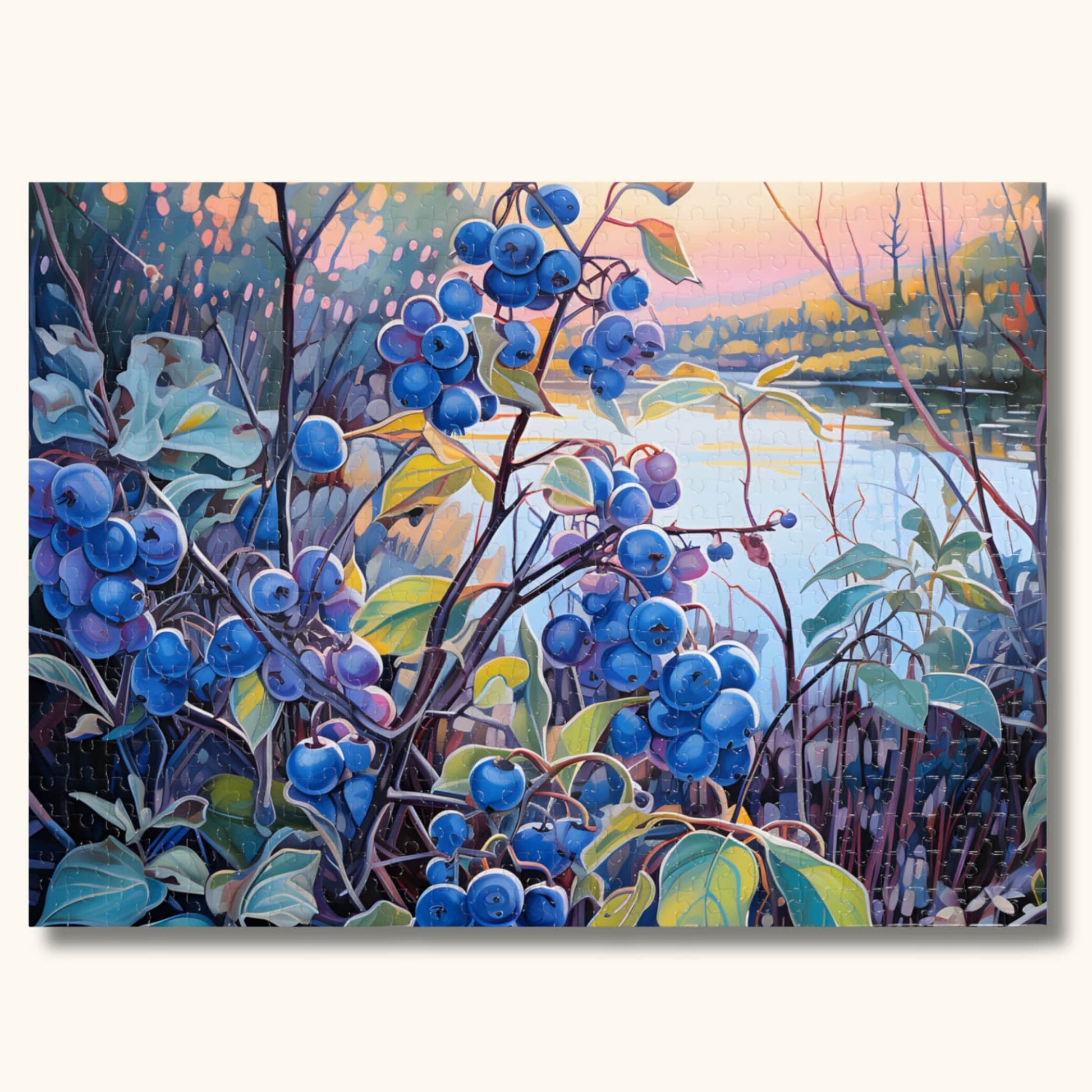 Main view of the 500-piece version of the Impressionist Blueberry Bush puzzle, perfect for a moderately challenging experience
