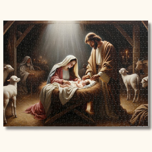 Main view of the 500-piece Jesus Jigsaw Puzzle depicting the Oil-Painted Nativity Scene.