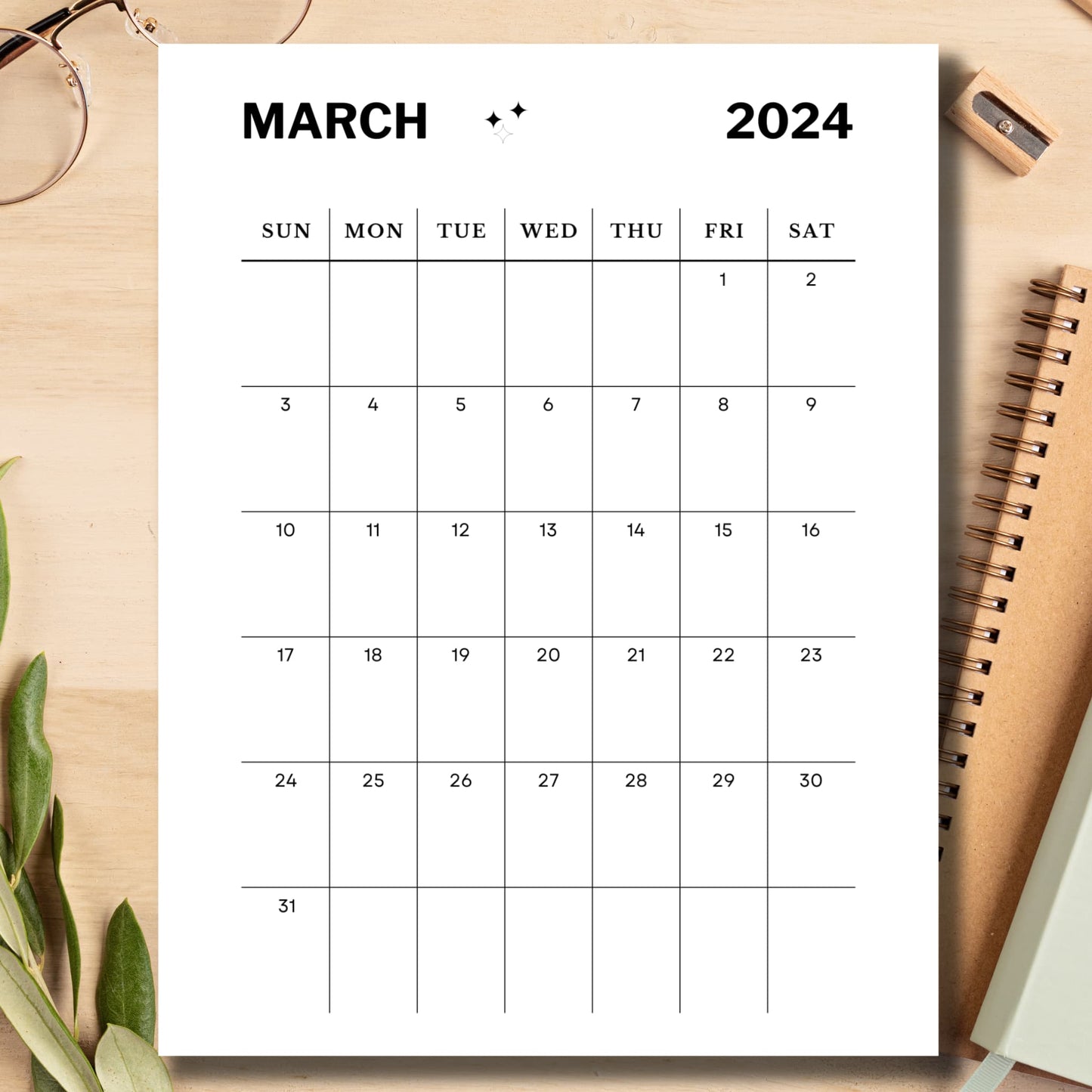 March Minimalist Printable Monthly Calendar to Print-page wiith notebooks for kids