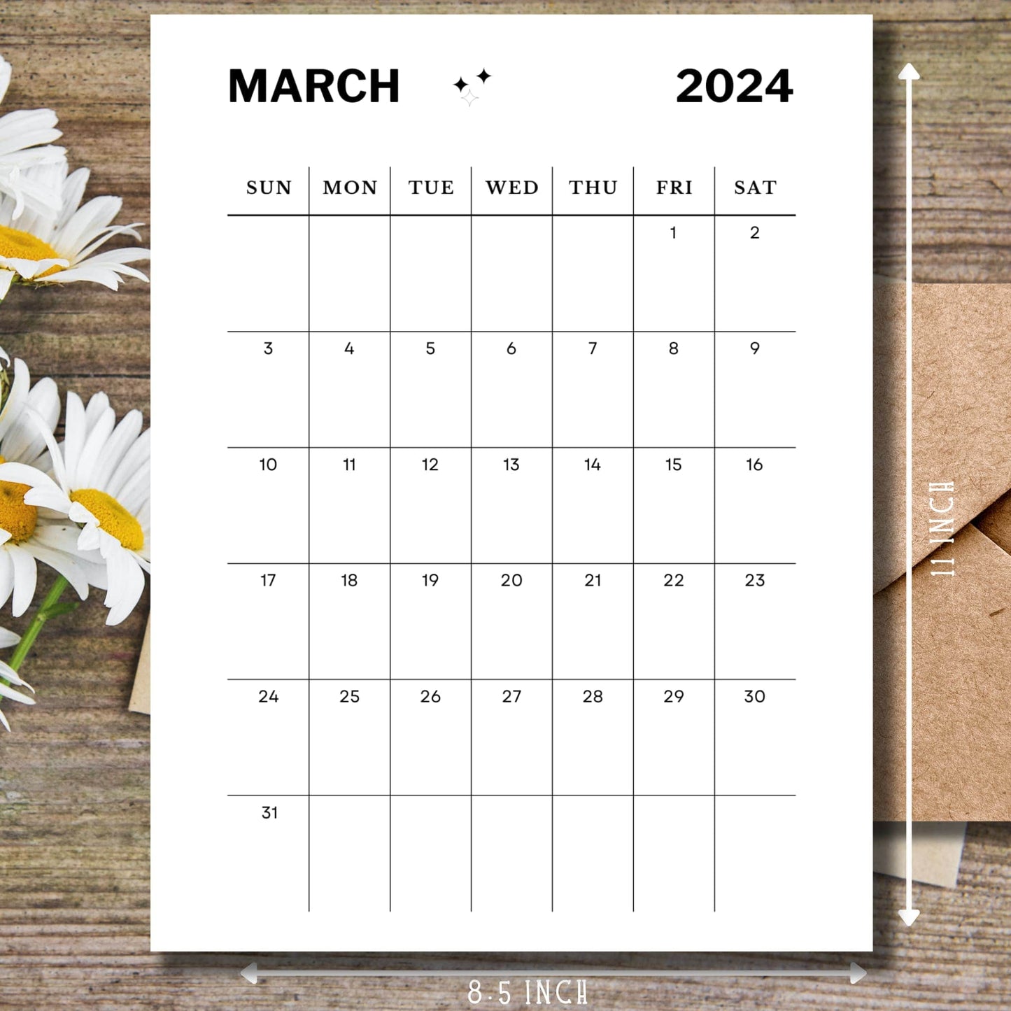 March Minimalist Printable Monthly Calendar to Print-size guide