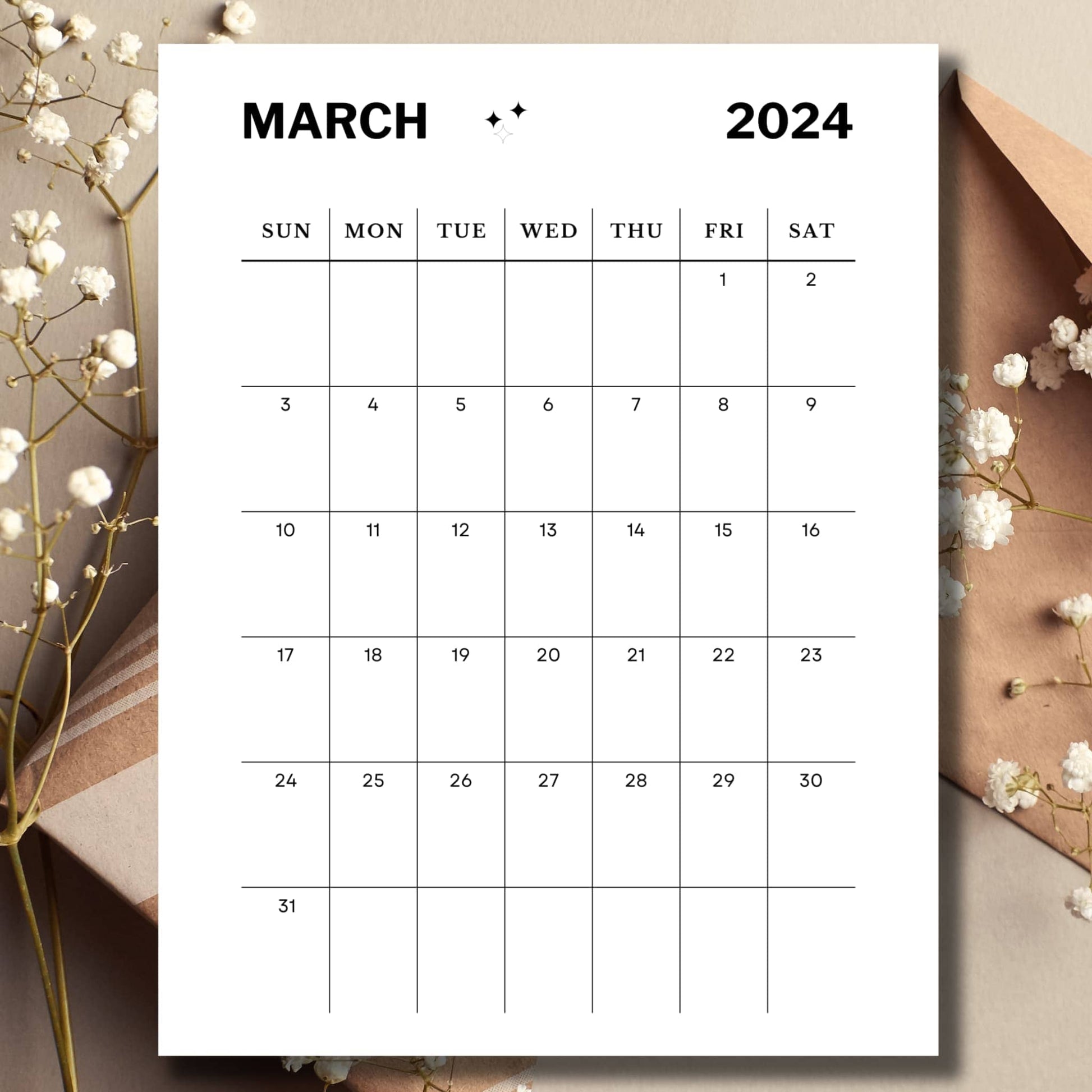March Minimalist Printable Monthly Calendar to Print with envelope and flower buds
