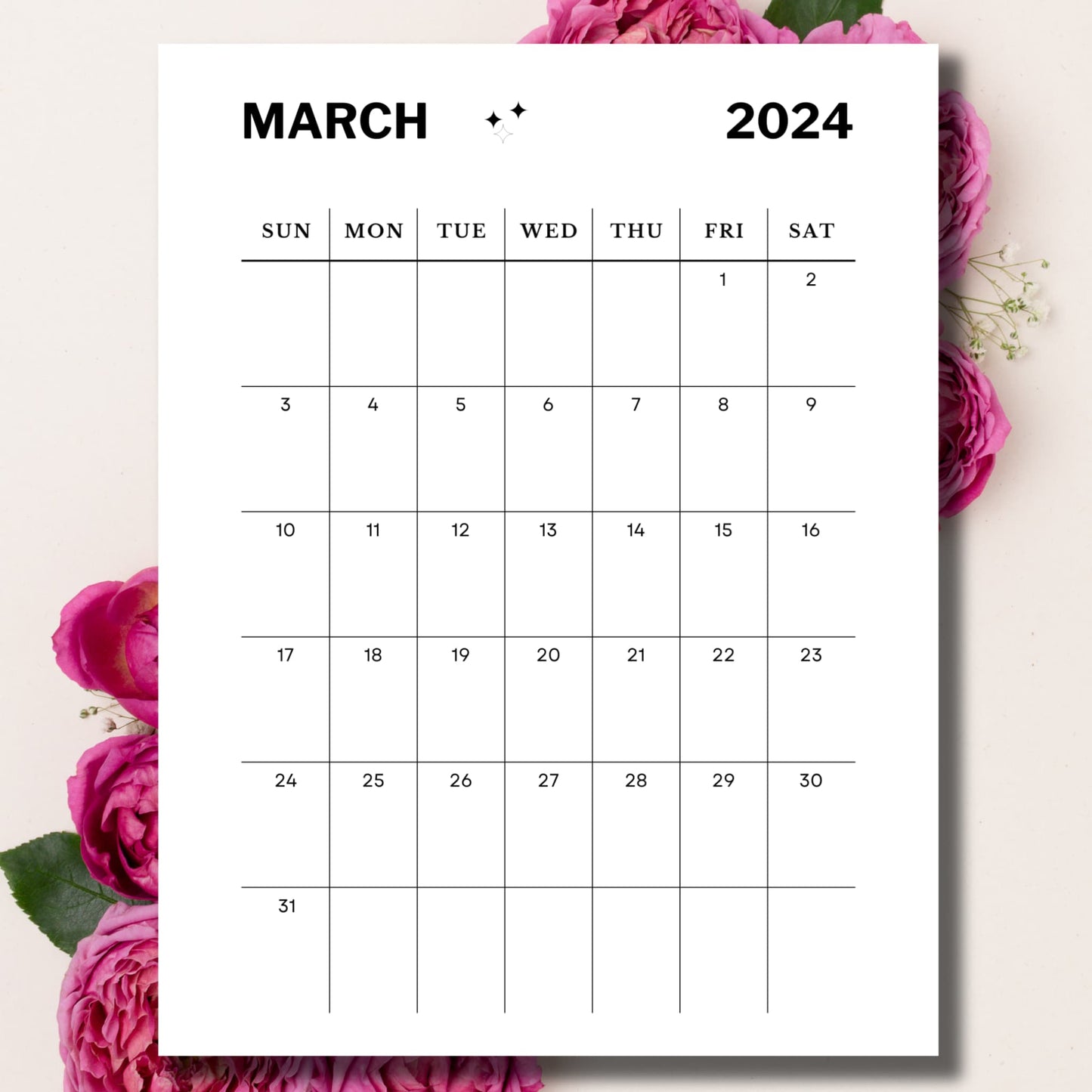 March Minimalist Printable Monthly Calendar to Print with pink peonies