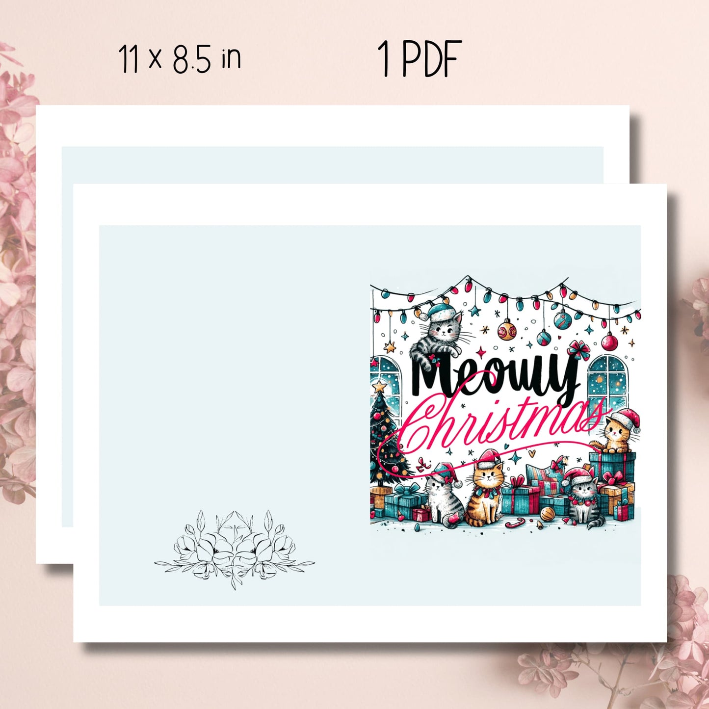 11x8.5 inch print-ready sheet for Meowy Cats Christmas Greeting Card, featuring adorable cat-themed designs for 2023, ready for personalization and holiday greetings.