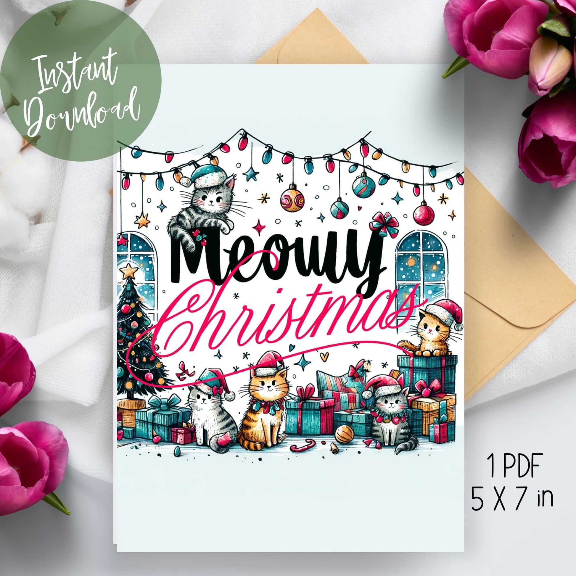 2023 Meowy Cats Christmas Greeting Card Template displayed on a table with an envelope and floral decoration, showcasing a cozy and festive feline theme for the holiday season.