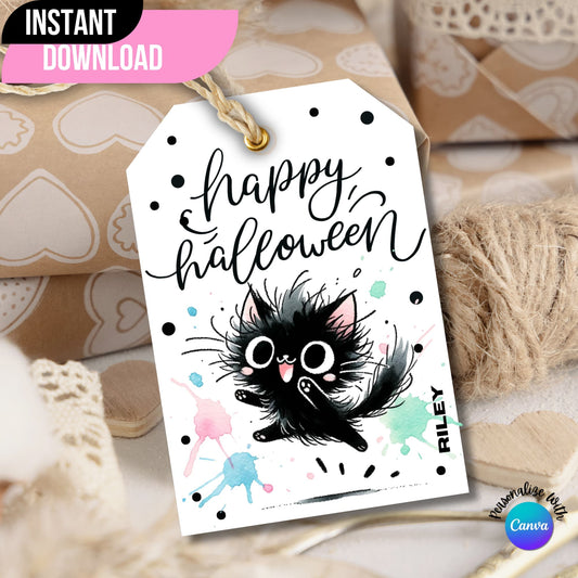 Black and white Halloween tag featured on a brown gift box