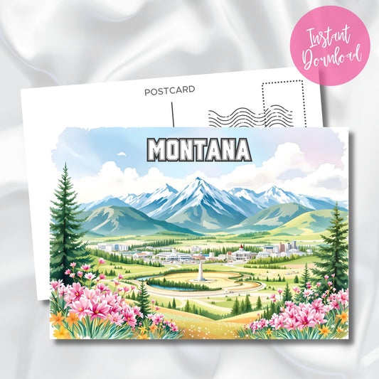Montana scenic art print with snowy peaks, pine trees, and floral foreground – digital state souvenir illustration.