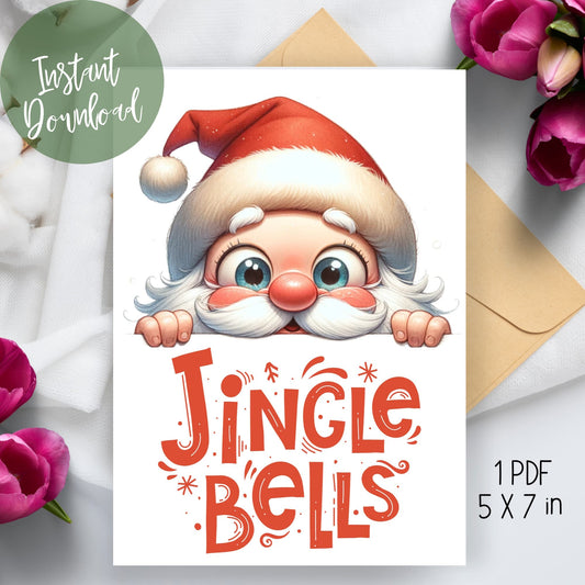 2023 Printable Merry Christmas Gift Card Template displayed elegantly on a table, featuring a playful Naughty Santa design, complemented by an envelope and festive flowers, in a convenient 5in x 7in size.