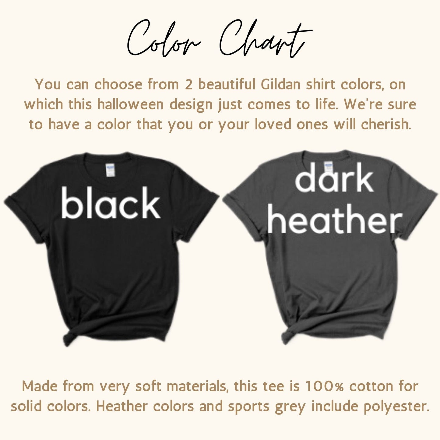 Color chart for Black and Dark Grey Gildan G6400 Shirt in Trendy New York Halloweentown 2023 Skeleton design