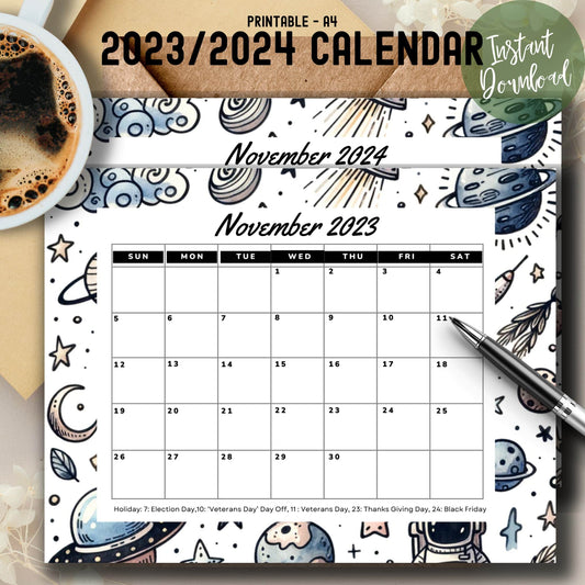 Featured November 2023 & 2024 space-themed calendar with a coffee cup and pen on a table.