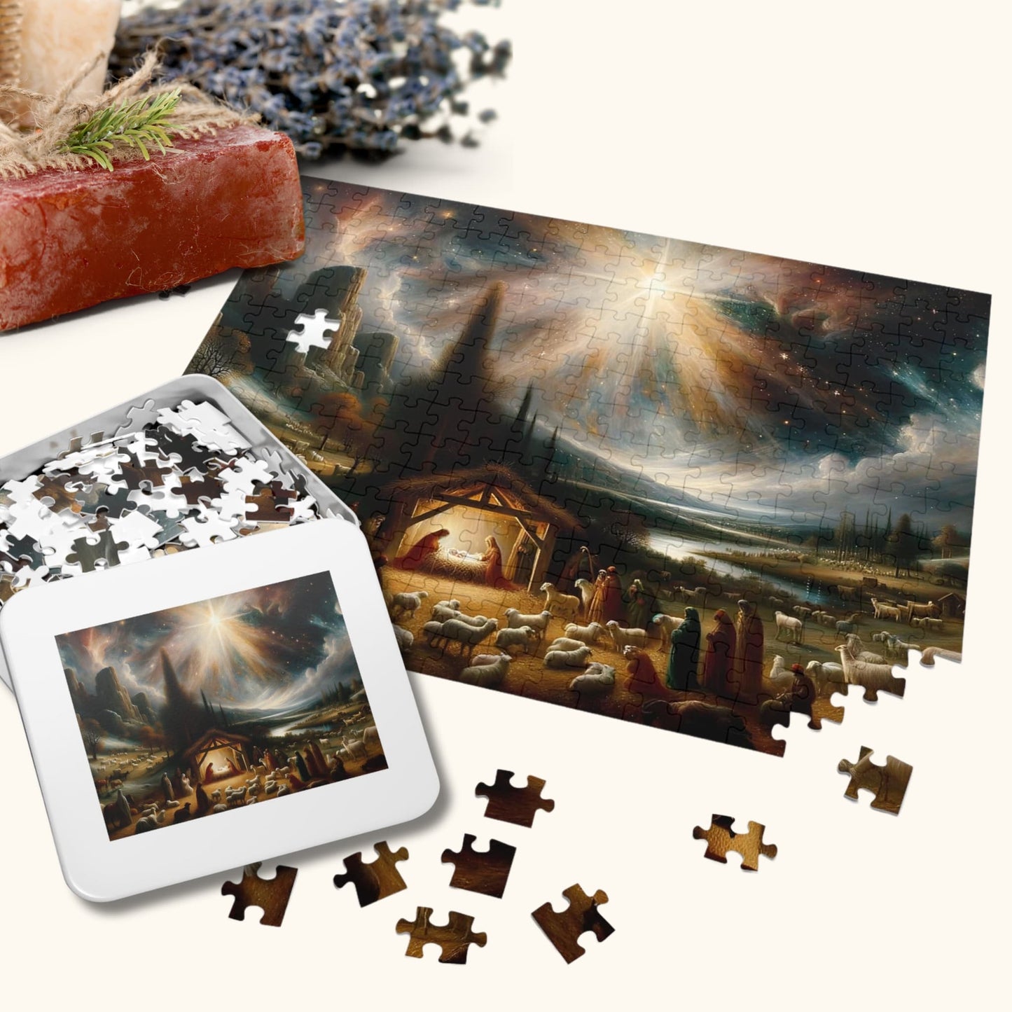 Oil-Painted Nativity Scene Jigsaw Puzzle alongside its tin box, adorned with flowers.