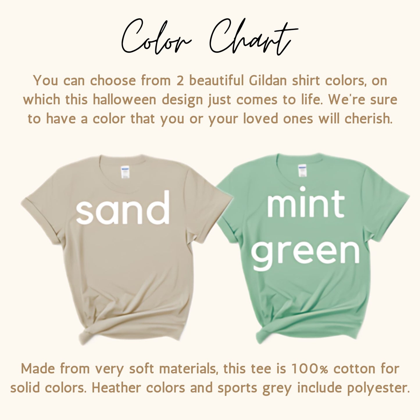 Color chart for Halloween t-shirts: sand and mint green Gildan options. Text describes 100% cotton material for solid colors.