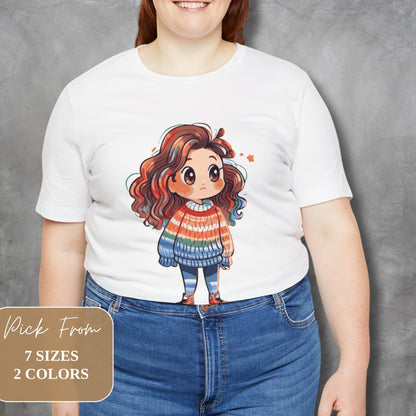 Oversized model against a subtle grey background, featuring the Kawaii Girl Good Vibes T-shirt, showcasing its versatile fit for every body type.