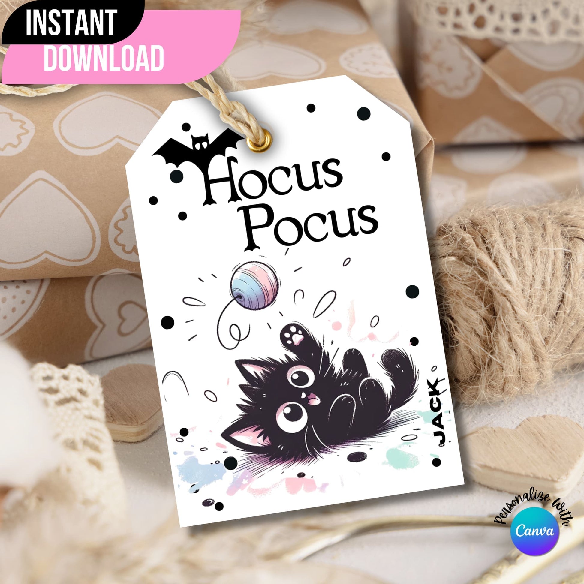 Custom Halloween tag showcased on a rustic brown gift box