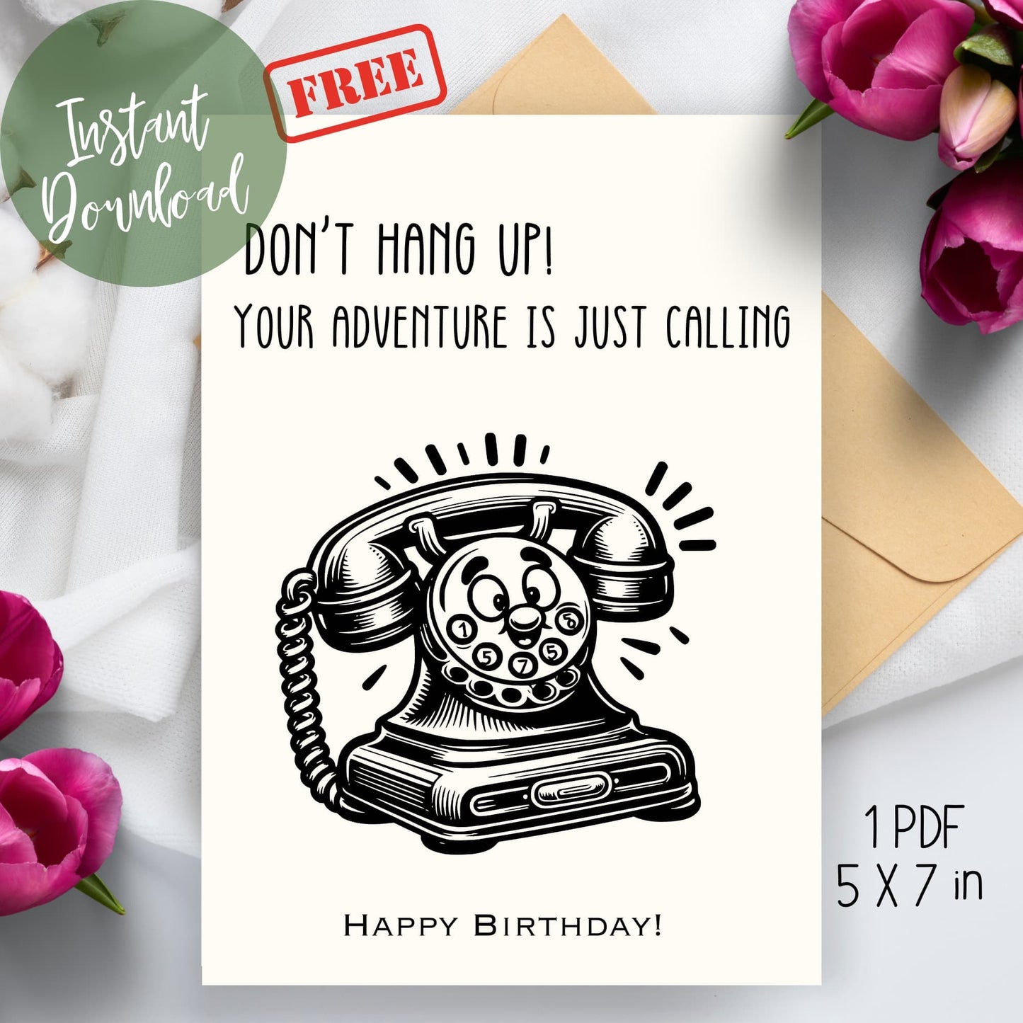 Printable Old-fashioned Telephone Birthday Card for Everyone mockup with flowers and envelope