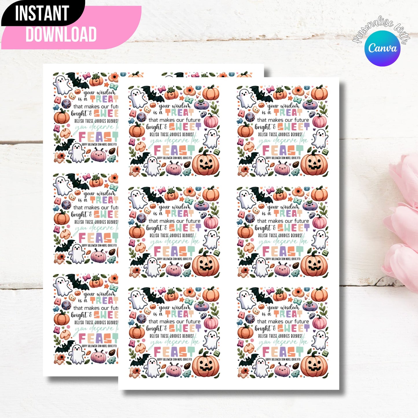 Printable Sheet of Six Halloween Appreciation Stickers on Wooden Background