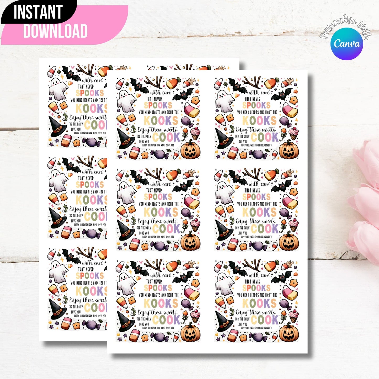 Printable Sheet of Six Halloween Care Giver Appreciation Stickers on Wooden Background