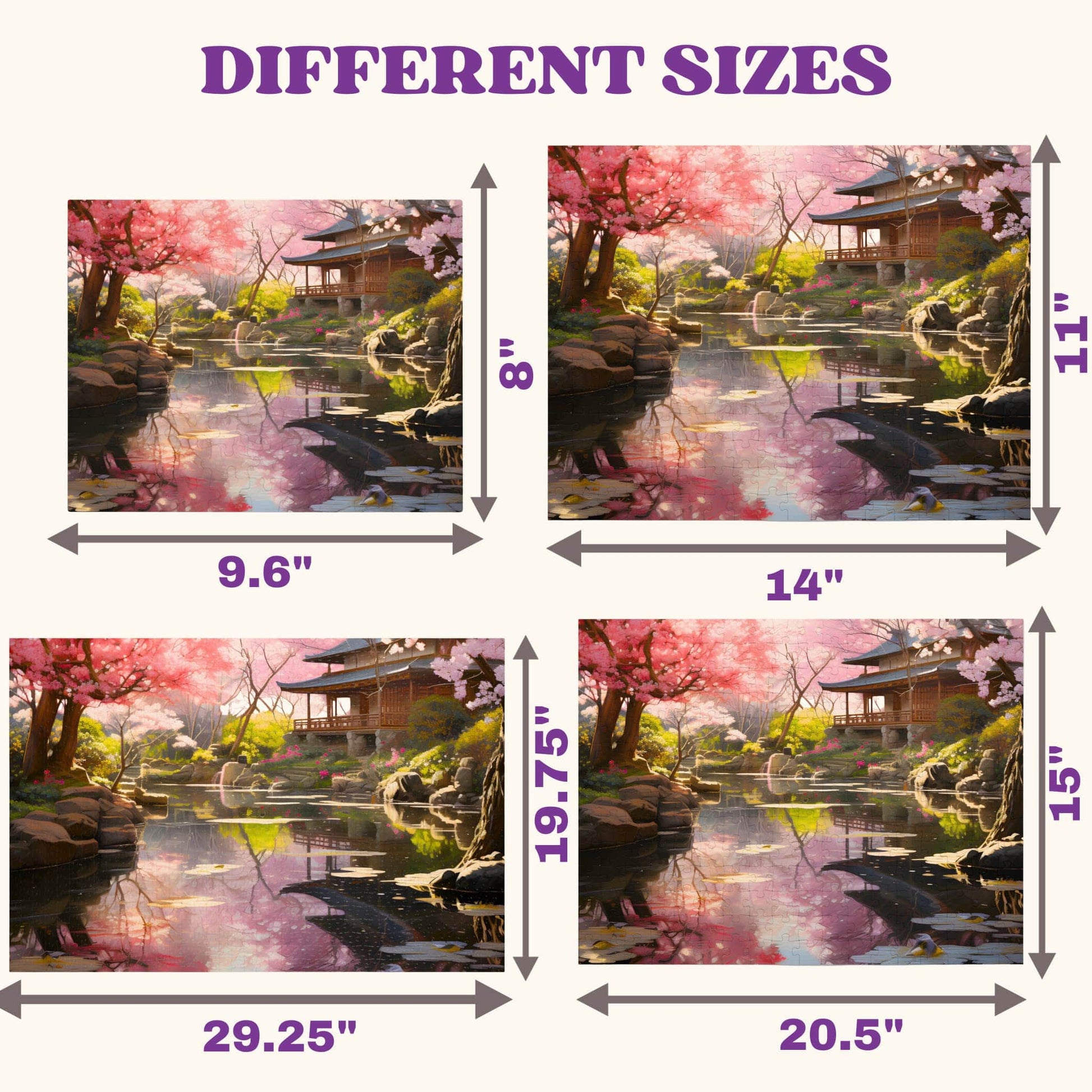 Comparison of different puzzle sizes - 110, 252, 500, and 1000 pieces - for the Tranquil Japanese Garden Photo Jigsaw Puzzle"
