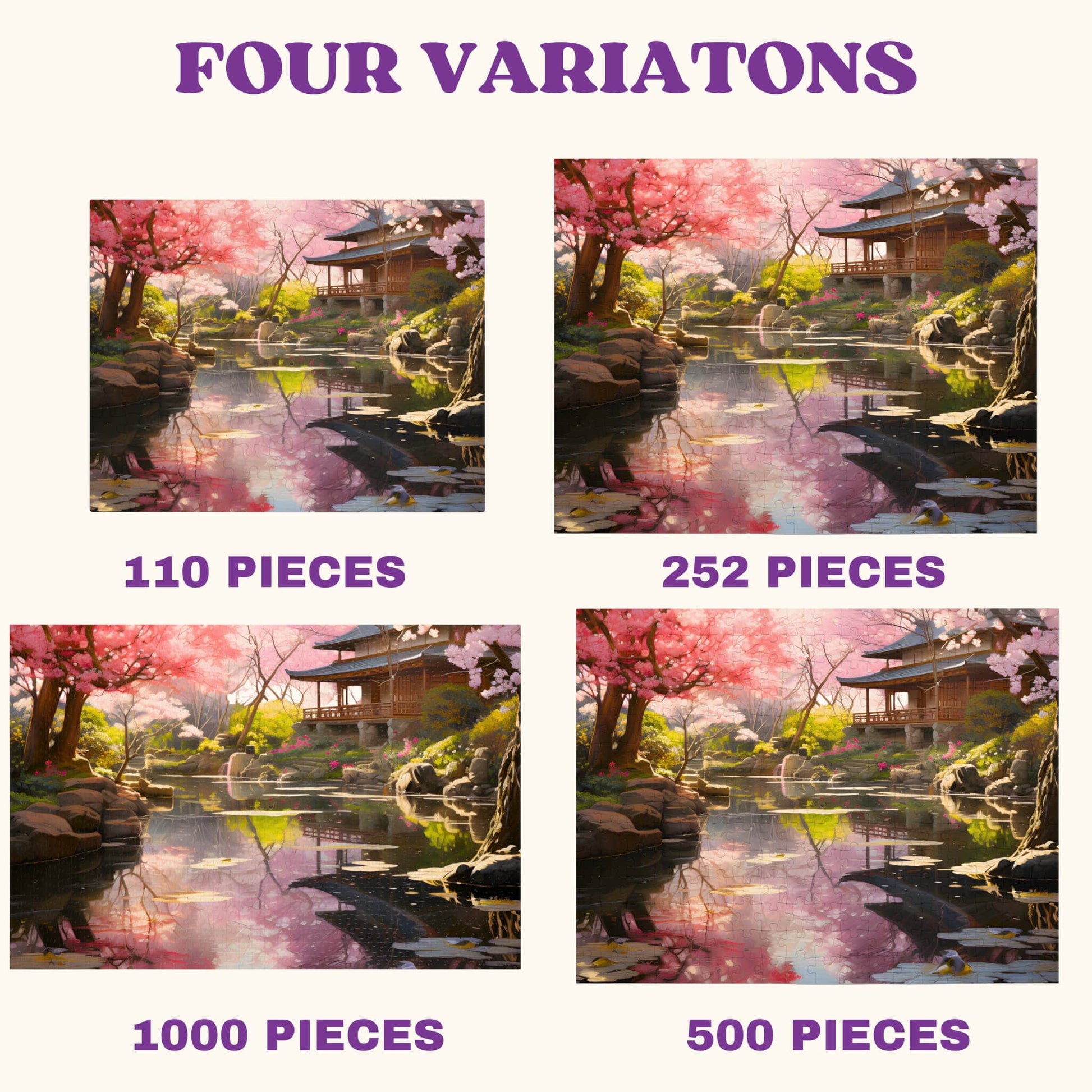 Variety of Photo Jigsaw Puzzle sizes including 110, 252, 500, and 1000 pieces, all featuring the Tranquil Japanese Garden design