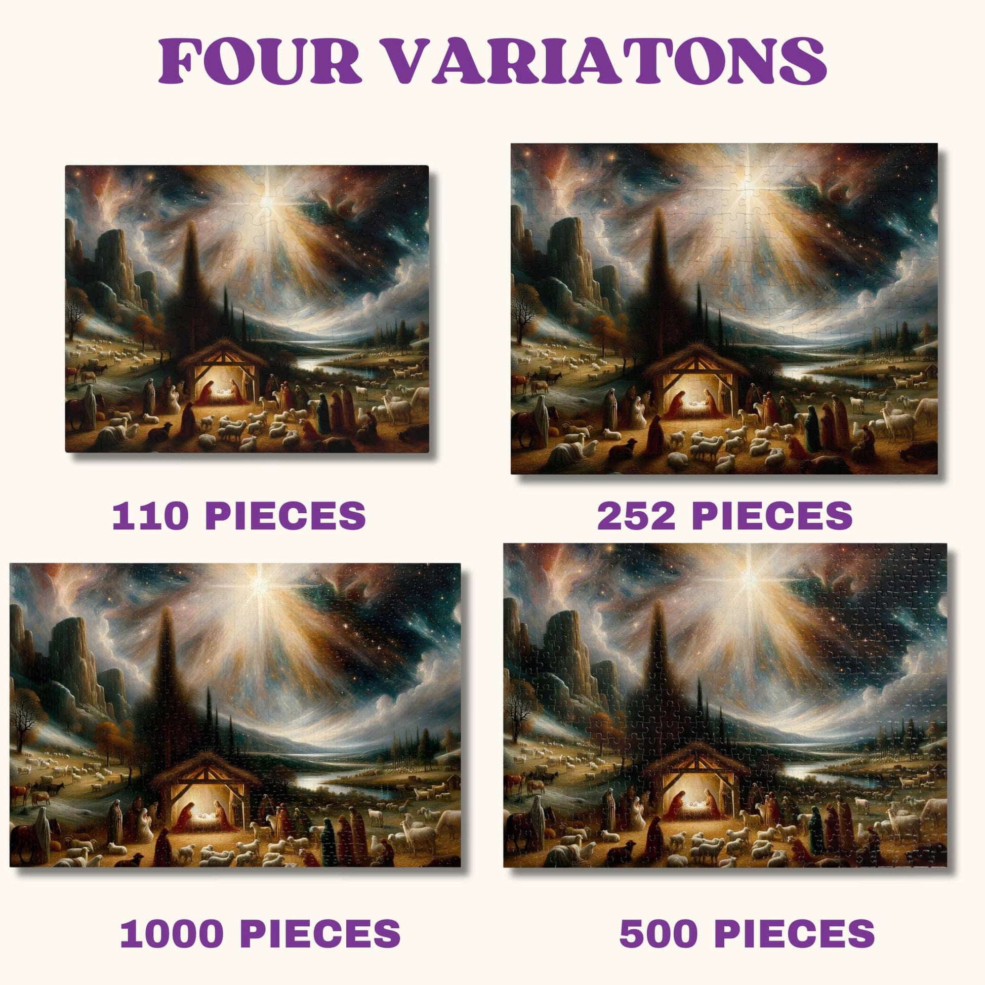 Variations of the Oil-Painted Nativity Scene Jigsaw Puzzles showcasing different sizes including 110, 252, 500, and 1000 pieces.