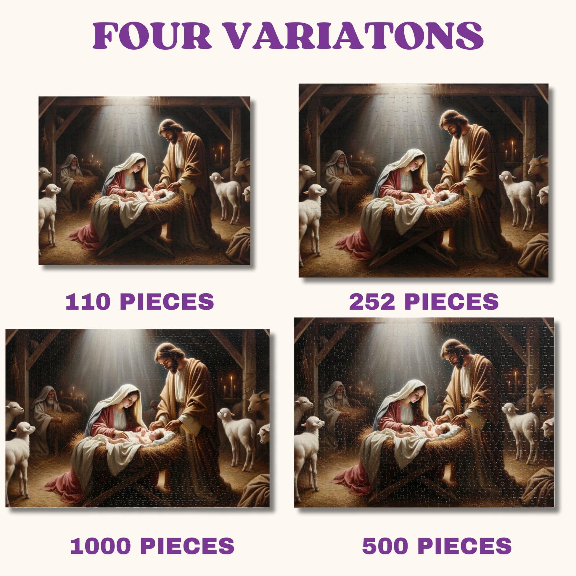 Variations of the Jesus Jigsaw Puzzles showcasing different sizes including 110, 252, 500, and 1000 pieces.