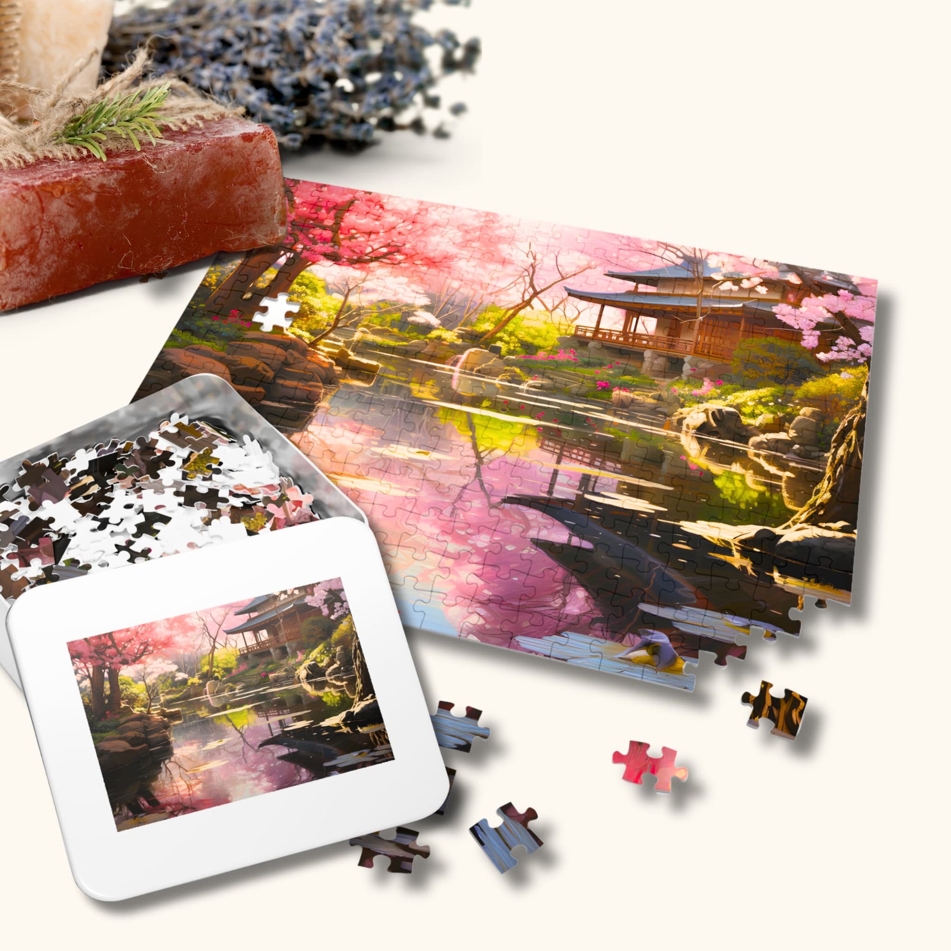 Puzzle of Tranquil Japanese Garden with accompanying metal tin box, laid out with decorative flowers