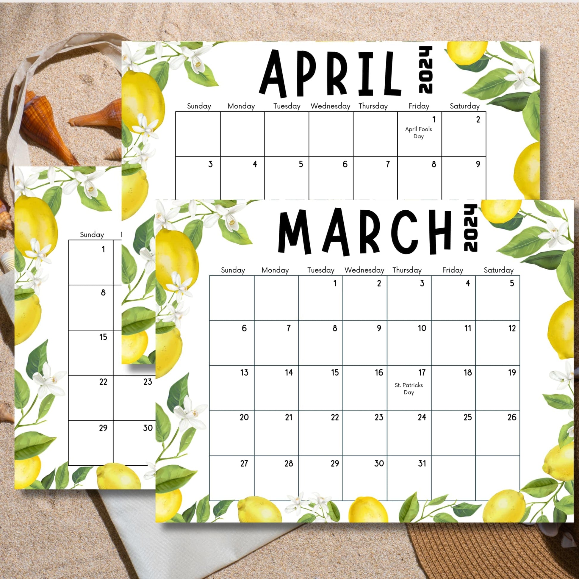 2024 Spring calendars for March, April, and May with a cheerful lemon and leaves theme, laid on a sand background evoking beach spring days.