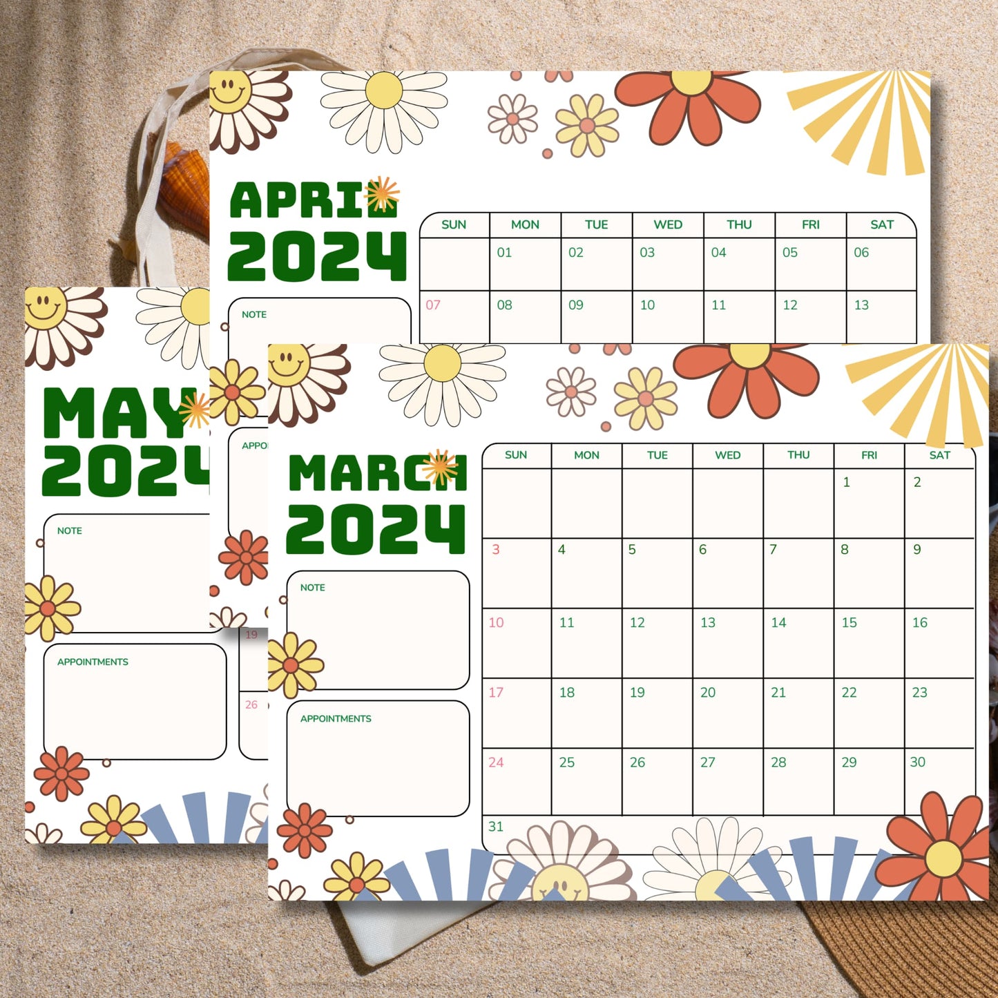 Retro-designed spring 2024 calendar sheets for March, April, and May, presented on a sand texture background, invoking a beach vibe.