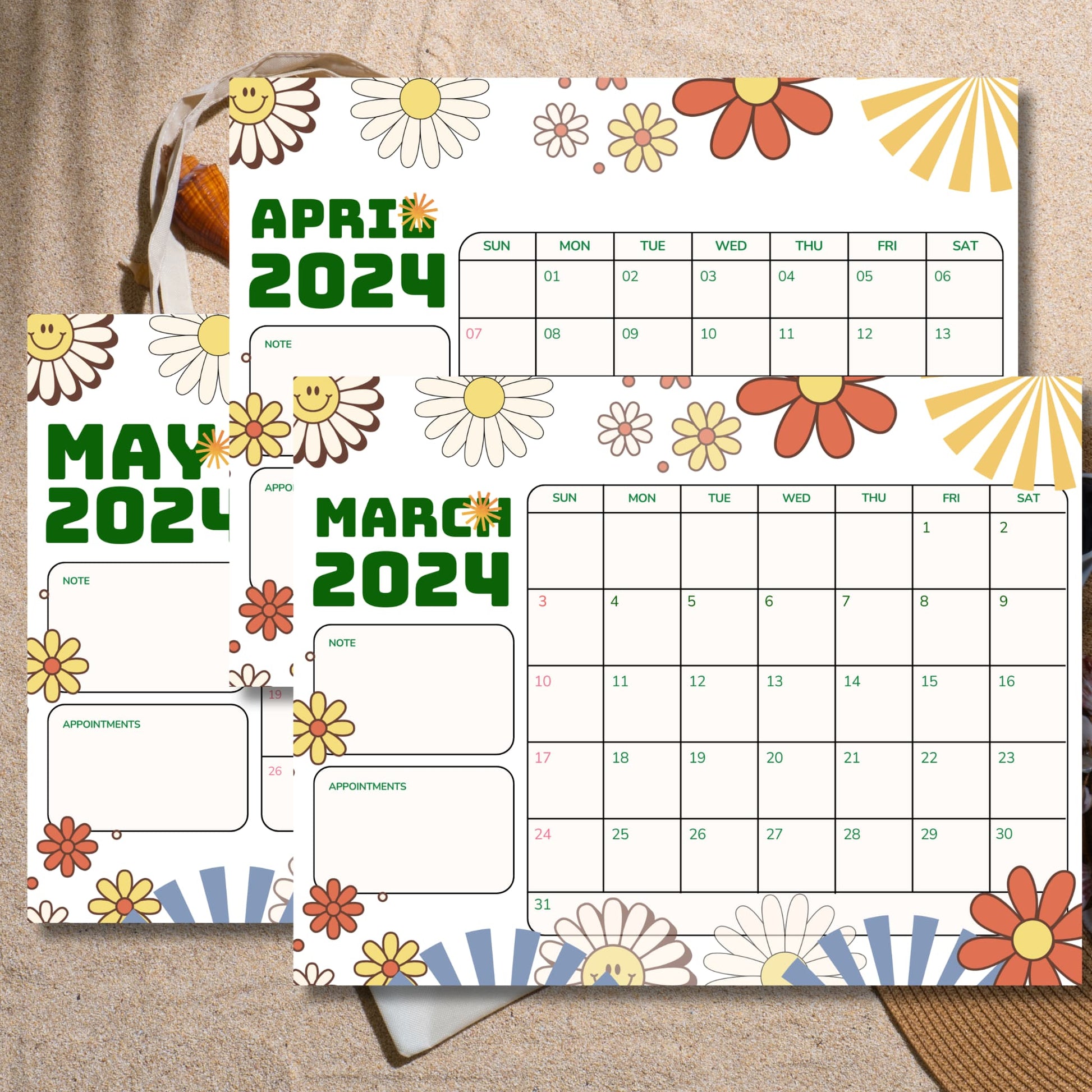 Retro-designed spring 2024 calendar sheets for March, April, and May, presented on a sand texture background, invoking a beach vibe.