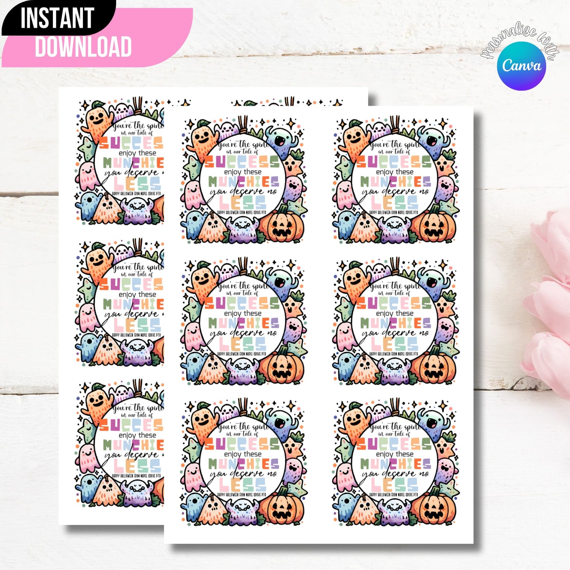 Sheet of Six Editable Halloween Appreciation Stickers on a Wooden Background