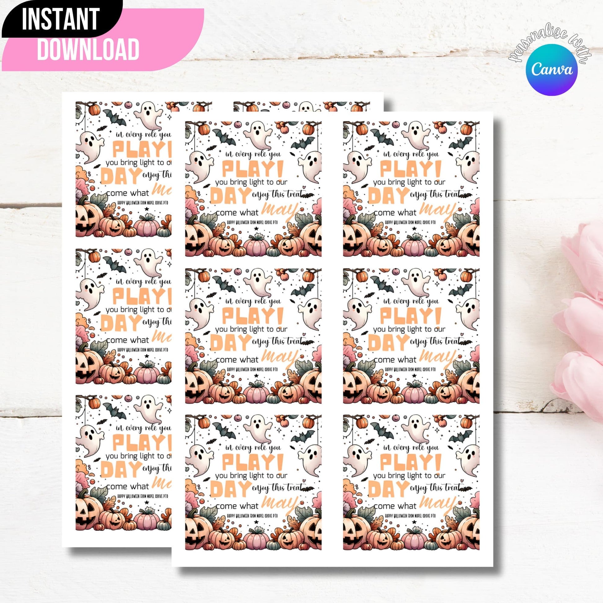 Printable Sheet of Six DIY Halloween Appreciation Stickers on a Wooden Background